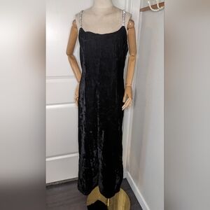 Vintage 60s Black Velvet Maxi Gown Rhinestone Straps Retro Hollywood Glam SZ M